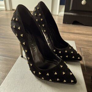 ALEXANDER McQUEEN daim velour pointed toe pumps with gold pearl embellishments